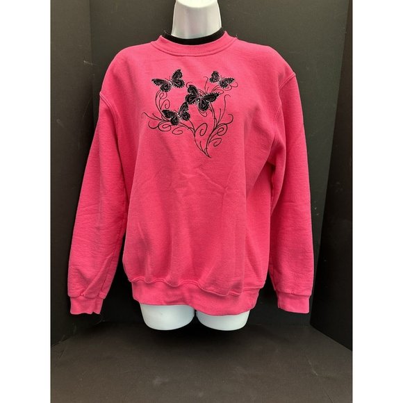 Y2K Vintage Grandma Butterfly Sweatshirt Morning Sun Embroider Medium Pink/Black - Picture 2 of 13